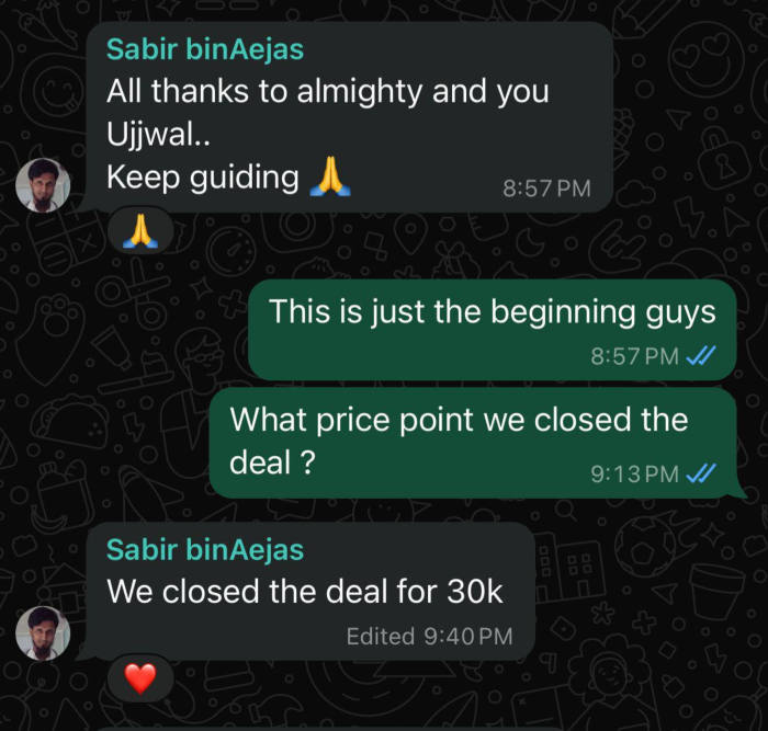 WhatsApp message from Sabir: We closed the deal for 30k